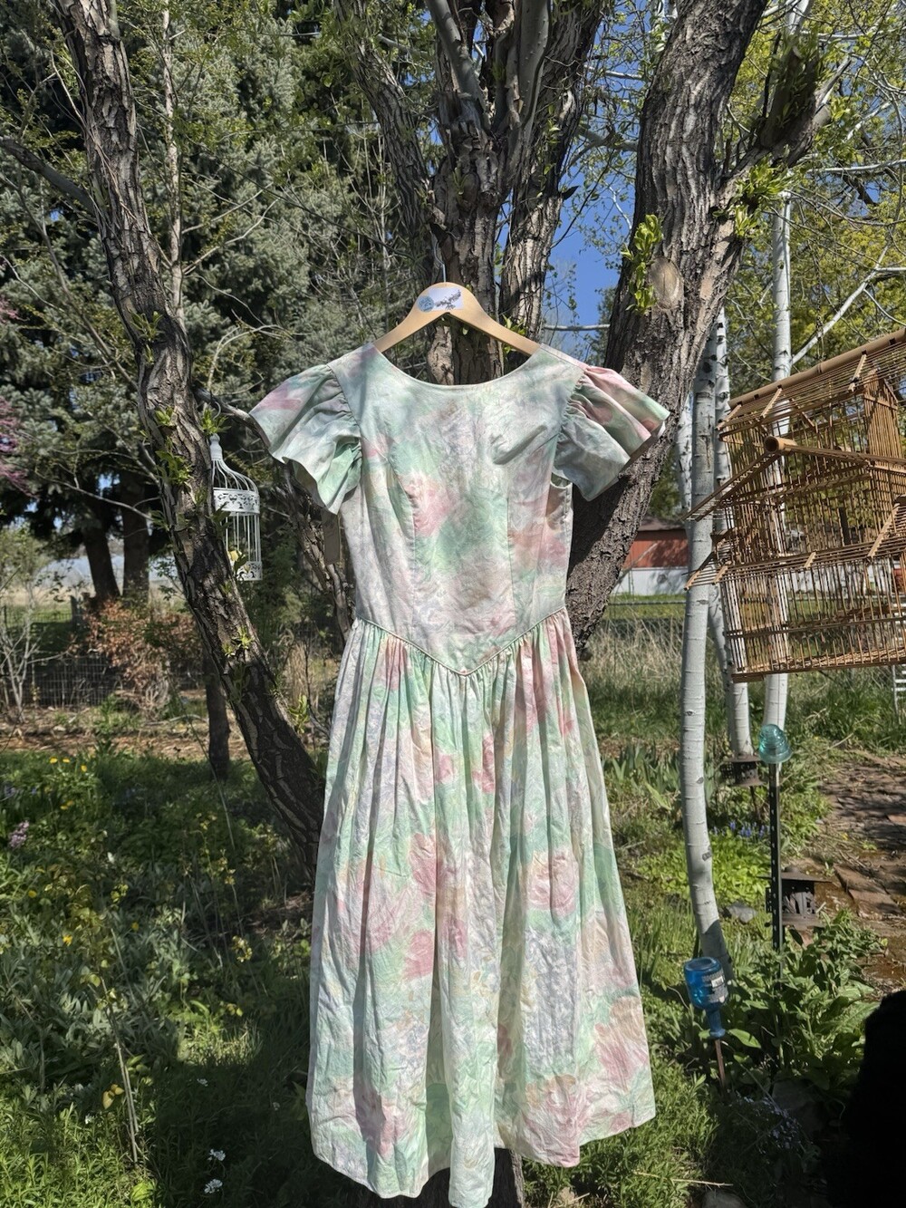 80's Retro Floral Bridal Summer Puff Sleeve Drop Waist Western Dress Cottage Cor